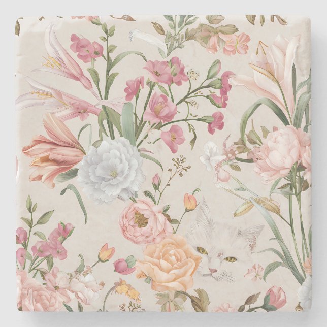 White Cats Pink Roses Floral  Steinuntersetzer (Vorderseite)