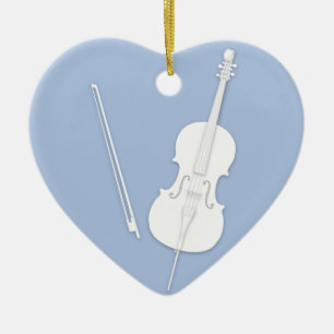 White Cello & Bow Light Blue Custom Heart Keramik Ornament