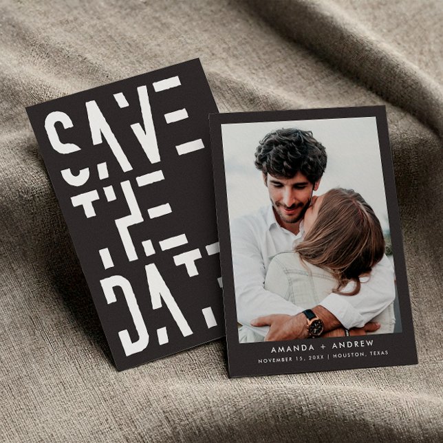 White Charcoal 70er Retro Stripes Wedding Save The Date (Front / Back)