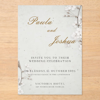 White Cherry Blossom & Gold Script Elegant Wedding Acryleinladungen
