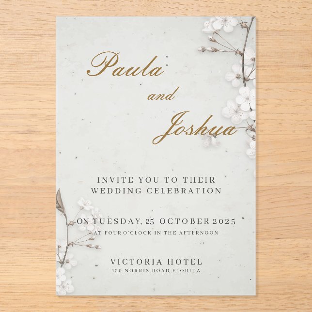 White Cherry Blossom & Gold Script Elegant Wedding Acryleinladungen (Vorderseite)