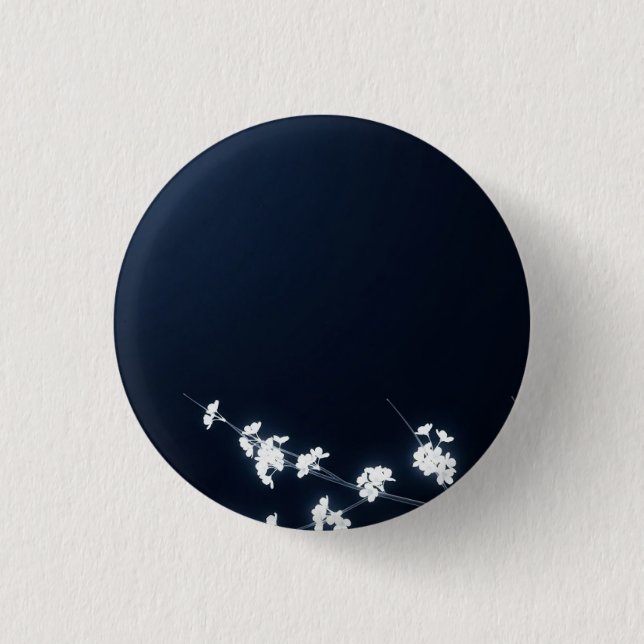 White Cherry Blossom Navy Background Button (Vorderseite)