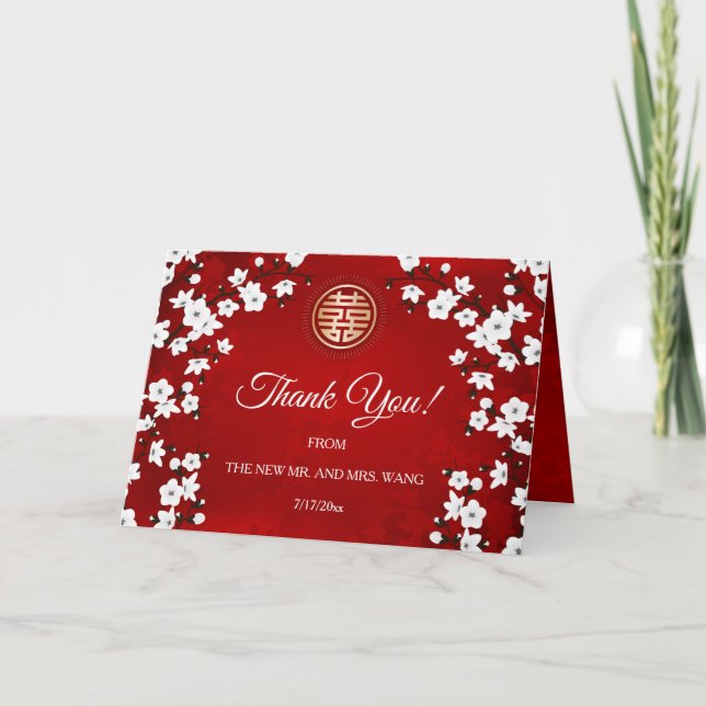 White Cherry Blossom Red Chinese Wedding Danke (Vorderseite)