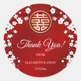 White Cherry Blossom Red Chinese Wedding Danke Runder Aufkleber