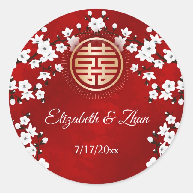 White Cherry Blossom Red Chinese Wedding Runder Aufkleber (Vorderseite)