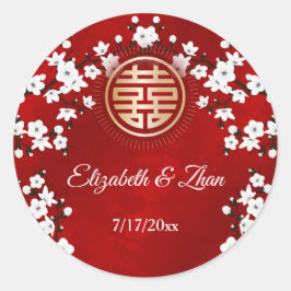 White Cherry Blossom Red Chinese Wedding Runder Aufkleber