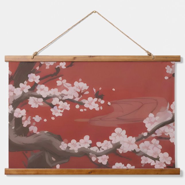 White Cherry Blossom Red Wandteppich Mit Holzrahmen (Vorne)