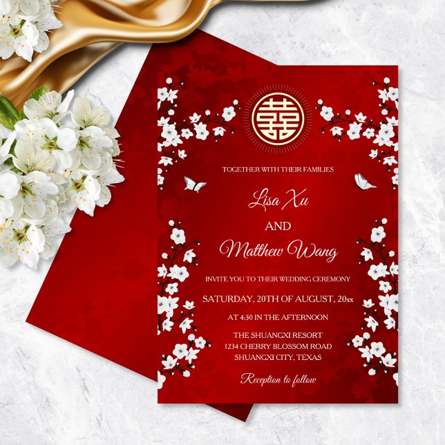 White Cherry Blossom | Rote Chinesische Hochzeit Folieneinladung (Von Creator hochgeladen)