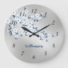 White Cherry Blossom Silver Foil Monogram Große Wanduhr