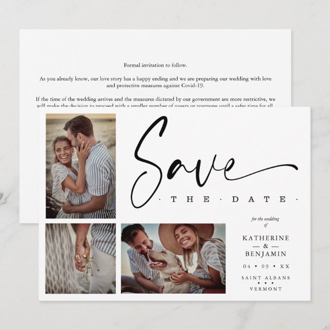 White Chic Trendy Collage Wedding Covid19 3 Fotos (Vorne/Hinten)
