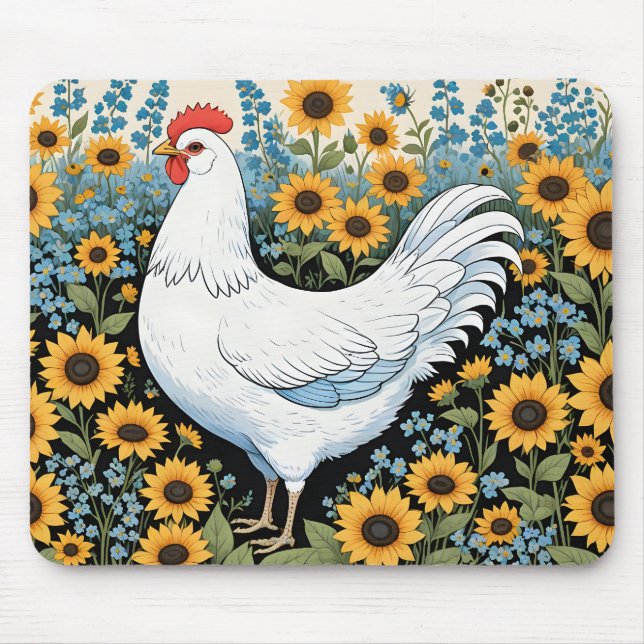 White Chicken and Sunflowers Mousepad (Vorne)