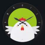 White Chicken on Green Wall Clock Große Wanduhr<br><div class="desc">Cute chicken themed wall clock. This design features a simple cartoon style chicken against a vibrant green background. A black border is used to display the clock numbers. Only the top numbers are visible as the chicken obscures the lower half of the clock face. Copyright © Lisa Marie Robinson. All...</div>