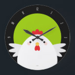 White Chicken on Green Wall Clock Große Wanduhr<br><div class="desc">Cute chicken themed wall clock. This design features a simple cartoon style chicken against a vibrant green background. A black border is used to display the clock numbers. Only the top numbers are visible as the chicken obscures the lower half of the clock face. Copyright © Lisa Marie Robinson. All...</div>