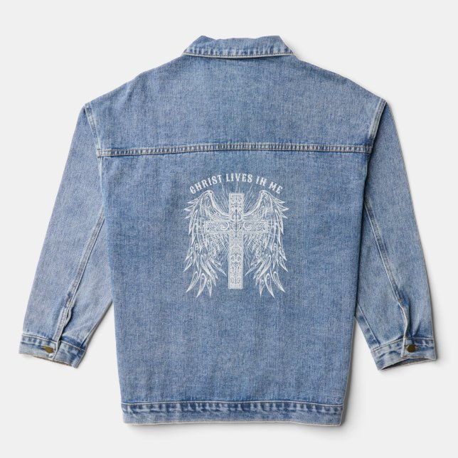 White Christ lebt in der weißen Tattoo Winged Cros Jeansjacke (Rückseite)