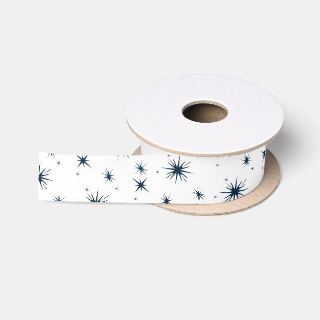 White Christmas Blue Stars Satinband (Spule)