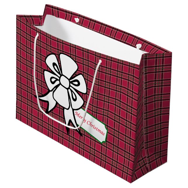 White Christmas Bow Red Kariert Holiday Gift Bag Große Geschenktüte (Vorderseite Schrägansicht)