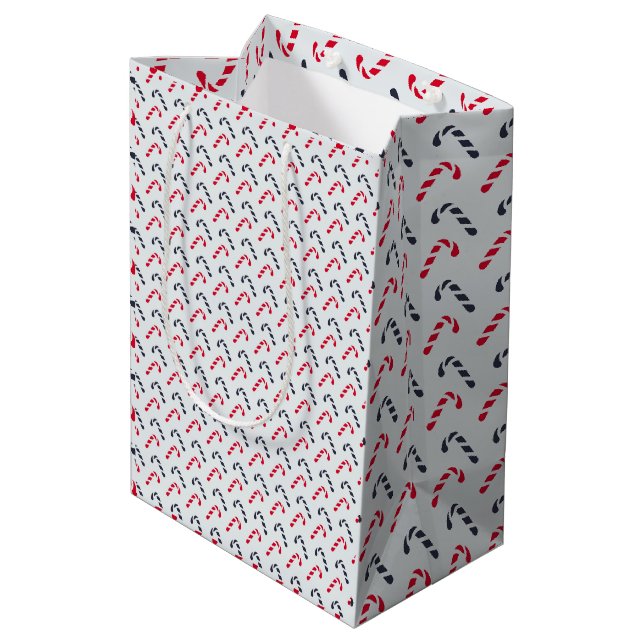 White Christmas Candy Cane Nahtloses Muster Mittlere Geschenktüte (Rückseite Schrägansicht)