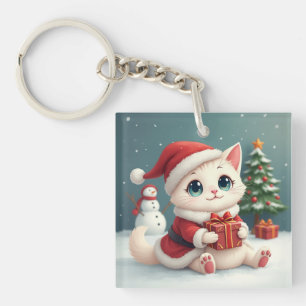 White Christmas Cat Button Schlüsselanhänger