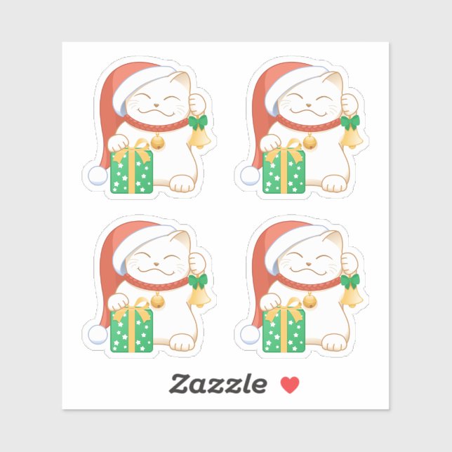 White Christmas Cat in einem Red Hat Set von 4 Aufkleber (Blatt)