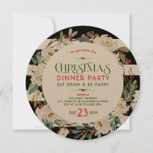 White Christmas Flowers Wreath & Stripes Pattern Einladung
