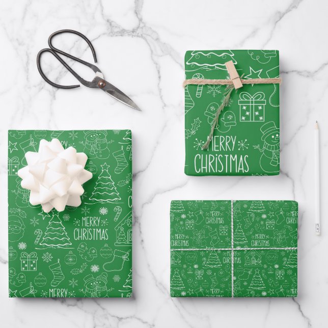 White Christmas Kontur auf Office Green Geschenkpapier Set (Vorderseite)
