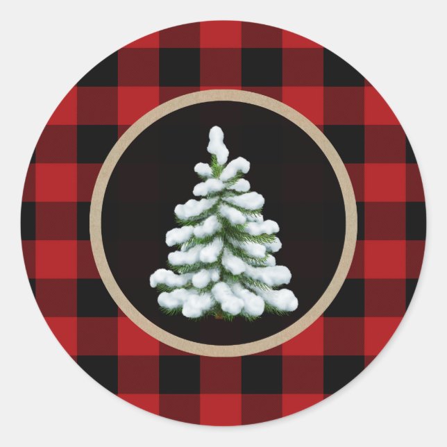 White Christmas Tree Holiday Red Buffalo Kariert Runder Aufkleber (Vorderseite)