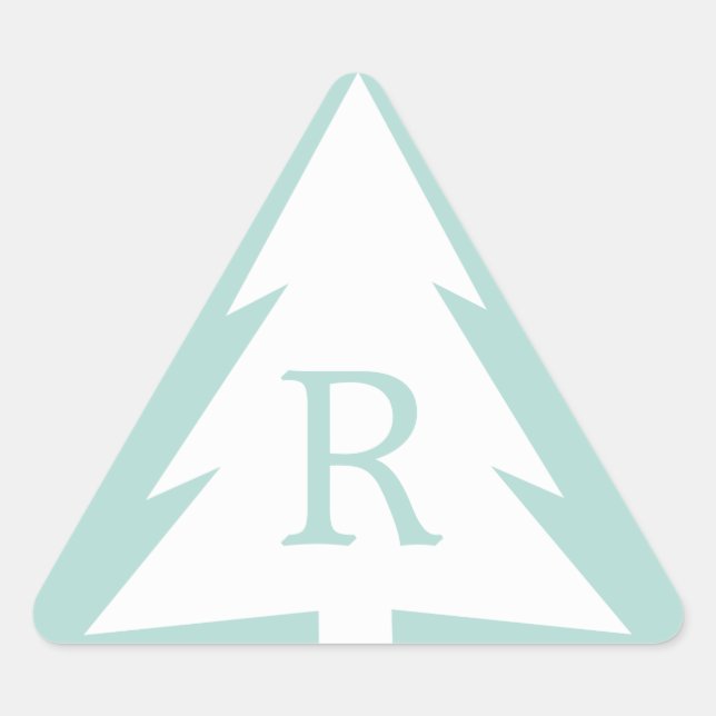 White Christmas Tree on Mint Green Custom Monogram Dreieckiger Aufkleber (Vorderseite)
