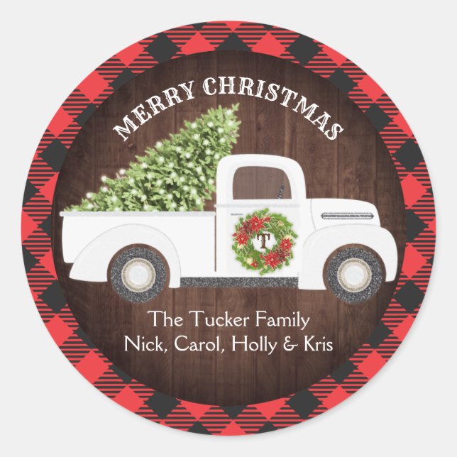White Christmas Tree Truck Wreath Kariert Monogram Runder Aufkleber (Vorderseite)