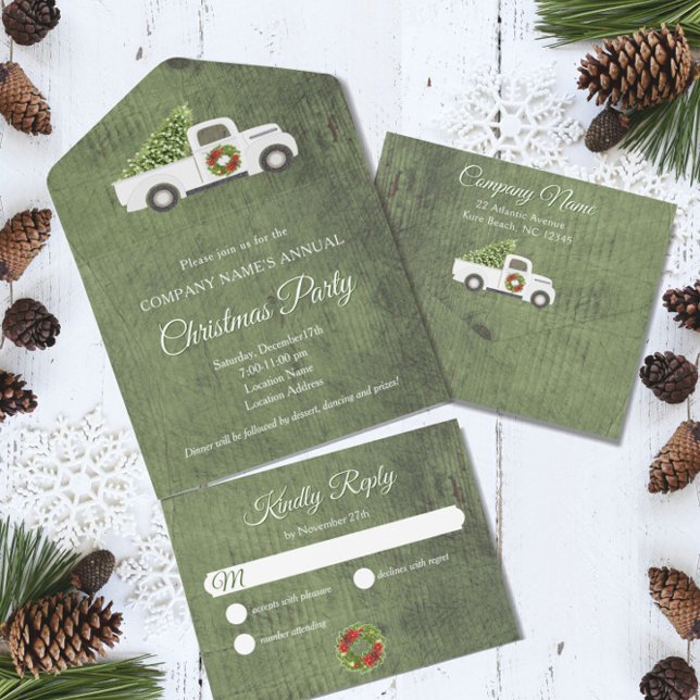 White Christmas Truck Green Wood Company Party All In One Einladung (Von Creator hochgeladen)