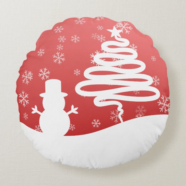 White Christmas Winter Wonderland Snowman Tree Rundes Kissen (Vorderseite)