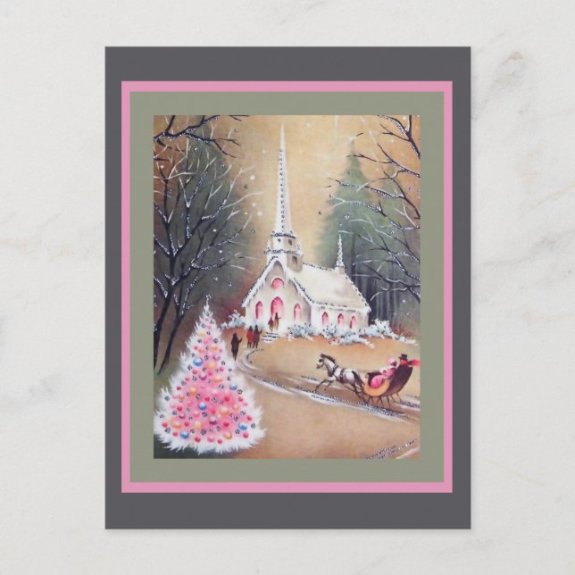 White Church Pink Christmas Tree Sleigh Postkarte (Vorderseite)
