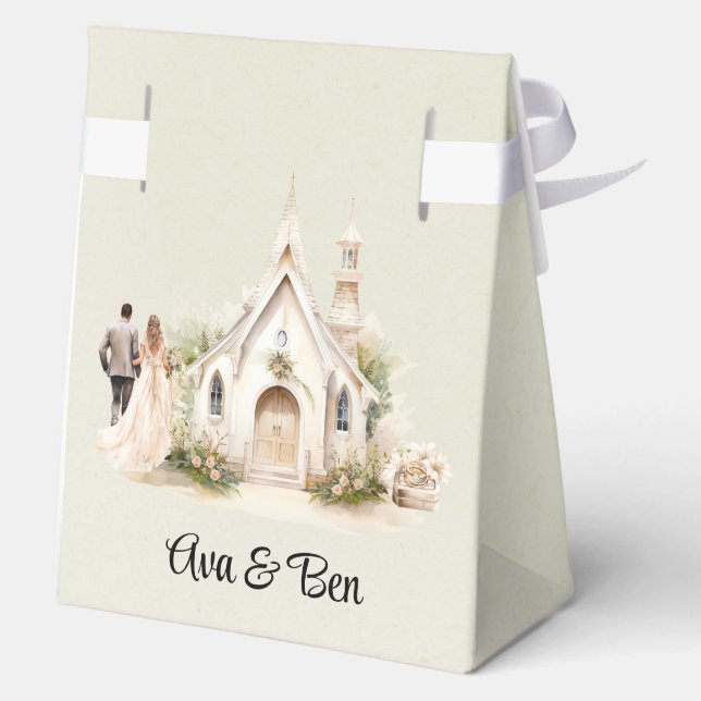 White Church Watercolor Wedding Geschenkschachtel (Rückseite)
