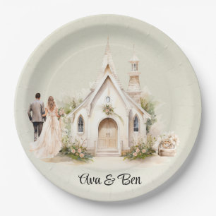 White Church Watercolor Wedding Pappteller