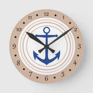 White Circle and Blue Nautical Anchor Custom Clock Runde Wanduhr