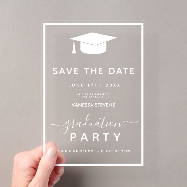 White Classic Abschluss Save the Date Acryleinladungen (Insitu (Handheld))