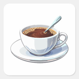 White coffee cup on a saucer filled with coffee quadratischer aufkleber