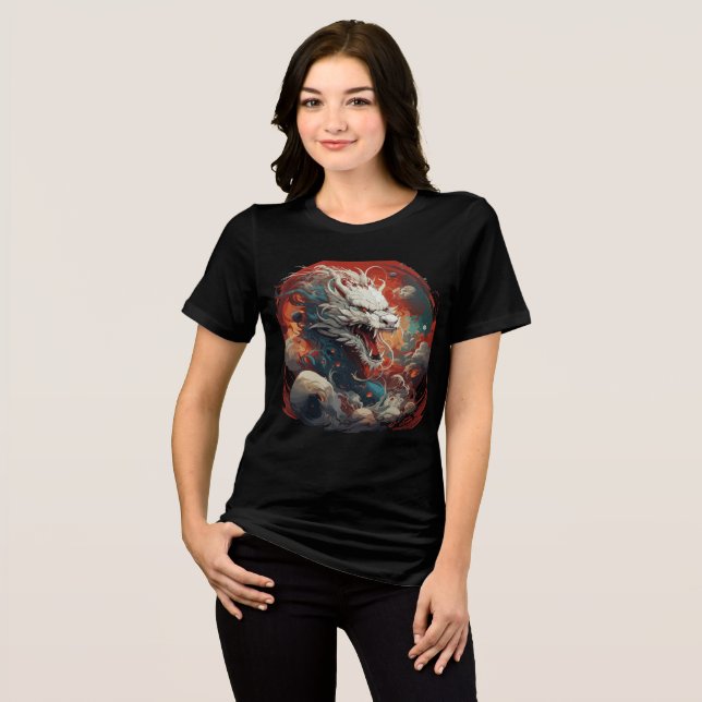 White Cosmic Dragon in Fiery Storm Tri-Blend Shirt (Vorderseite voll)
