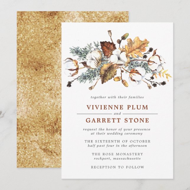 White Cotton Floral Gold Herbst Blätter Hochzeit Einladung (Vorne/Hinten)