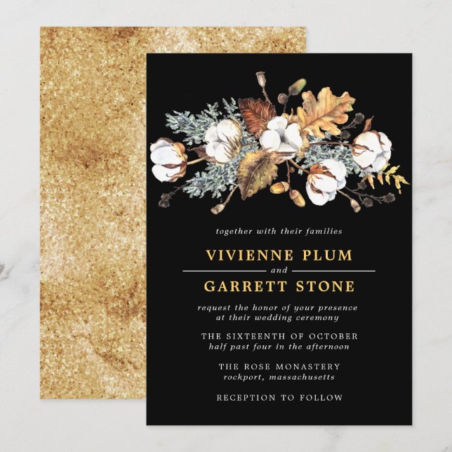White Cotton Floral Gold Herbst Blätter Hochzeit Einladung (Vorne/Hinten)