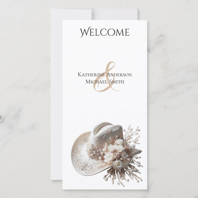 White Cowgirl Hat mit Blume Hochzeitsprogramm (Vorderseite)