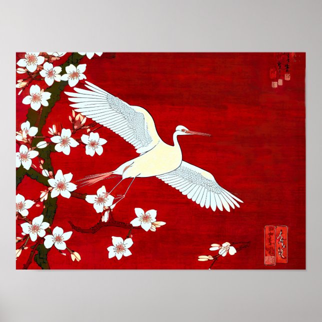 White Crane Cherry Blossom Red Poster (Vorne)