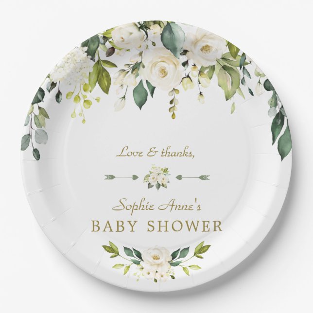 White Cream Blume Gold Baby Dusche Pappteller (Vorderseite)