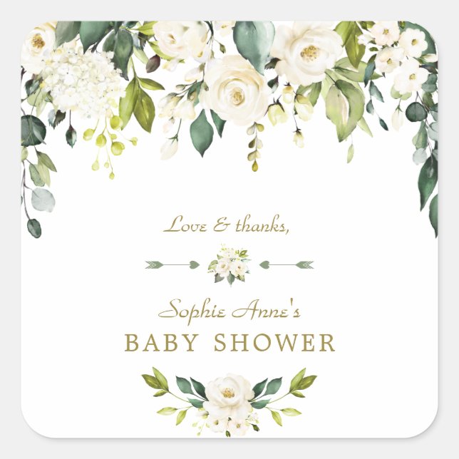 White Cream Blume Gold Baby Dusche Quadratischer Aufkleber (Vorderseite)