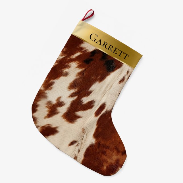 White Cream Brown Southwest Cowhide Name Großer Weihnachtsstrumpf (Vorderansicht (hängend))