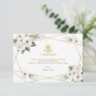 White Cream Floral Gold Girl First Holy Communion Dankeskarte