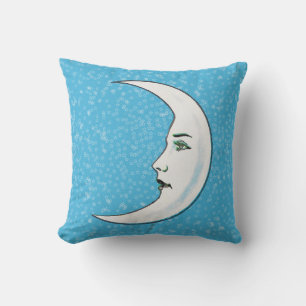 White Crescent Moon Face Black Lips Stars Blau Kissen
