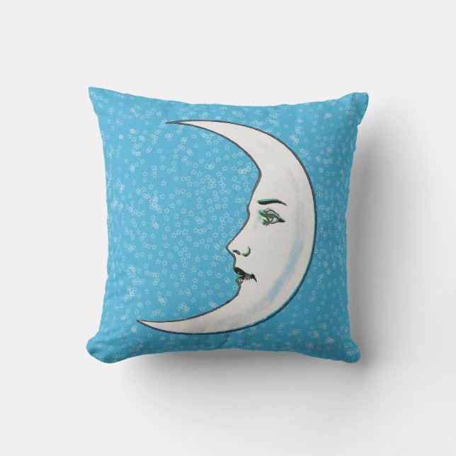 White Crescent Moon Face Black Lips Stars Blau Kissen (Vorderseite)