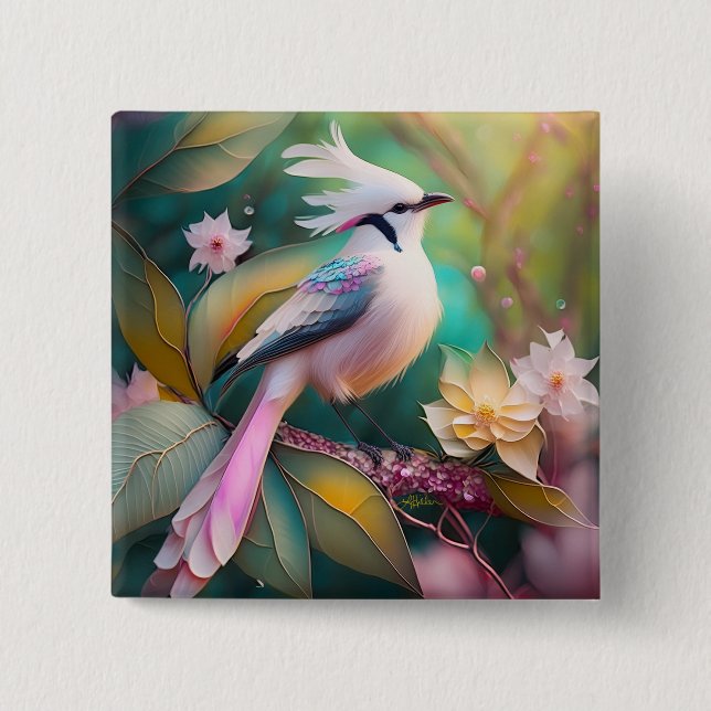 White Creush Blush Schwanz Jay Fantasy Bird Button (Vorderseite)