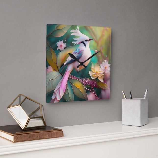 White Creush Blush Schwanz Jay Fantasy Bird Quadratische Wanduhr (Büro)