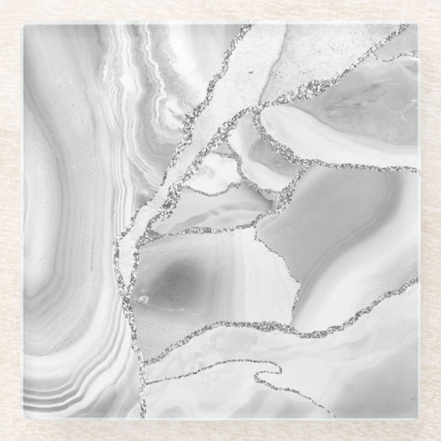 White Crystal Silver Glitzer Agate Elegant Glasuntersetzer (Vorderseite)